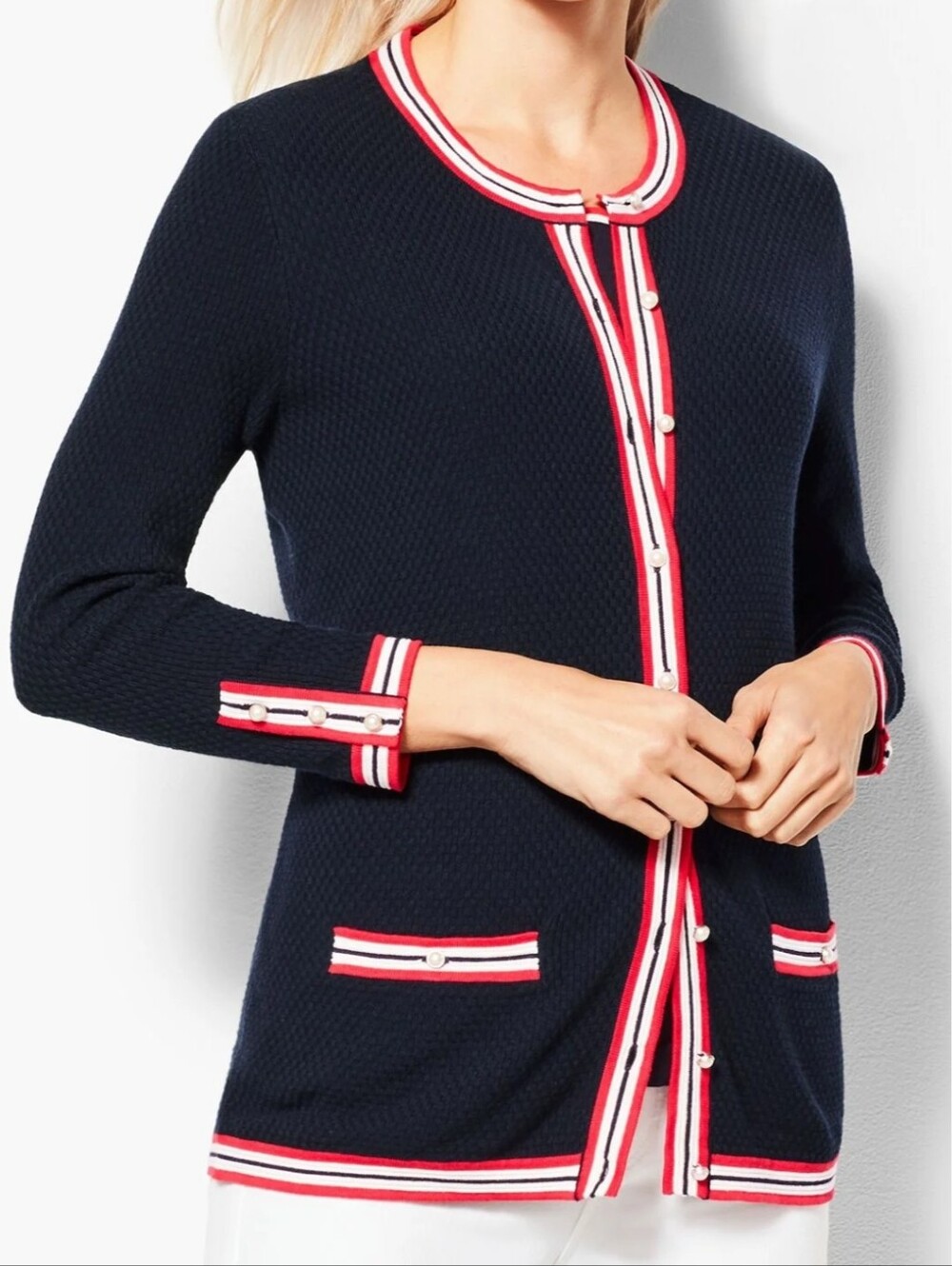 Talbots Navy Cardigan with Red and White Trim With Pearl Buttons. Sz XL